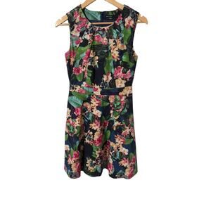 Karen Millen Sleeveless Floral Dress US6 UK10 Navy Colorful Fit & Flare